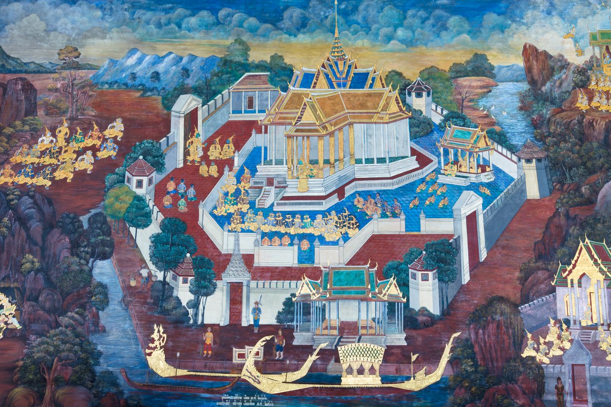 Seinämaalaus, joka kuvaa kohtauksia Ramayanasta Wat Phra Kaeossa, Kuninkaallisesta palatsista, Bangkokista, Thaimaasta od Thai School