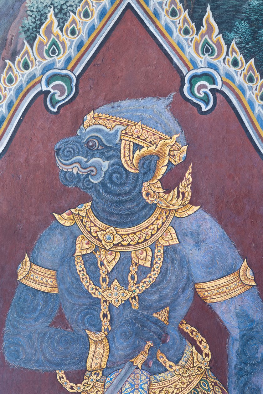 Seinämaalaus, joka kuvaa kohtauksia Ramayanasta Wat Phra Kaeossa, Kuninkaallisesta palatsista, Bangkokista, Thaimaasta od Thai School