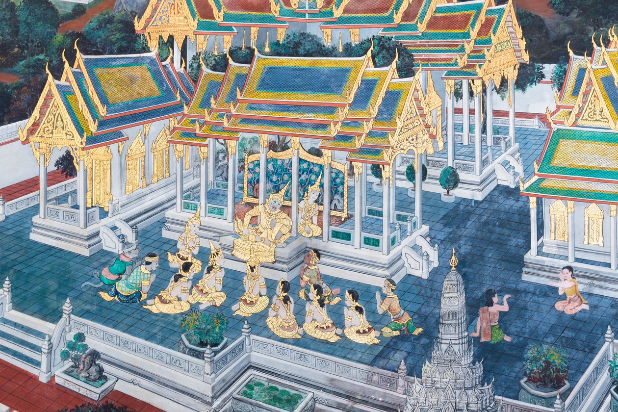 Nástěnná malba zobrazující scény z Rámájany ve Wat Phra Kaeo, královský velký palác, Bangkok, Thajsko od Thai School