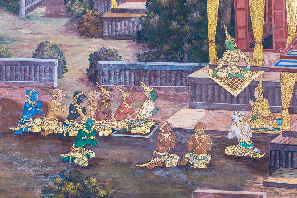 Nástěnná malba zobrazující scény z Rámájany ve Wat Phra Kaeo, královský velký palác, Bangkok, Thajsko od Thai School
