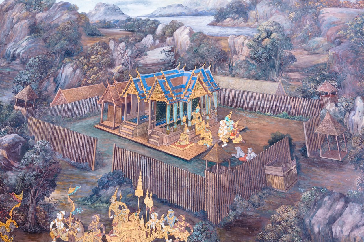 Nástěnná malba zobrazující scény z Rámájany ve Wat Phra Kaeo, královský velký palác, Bangkok, Thajsko od Thai School
