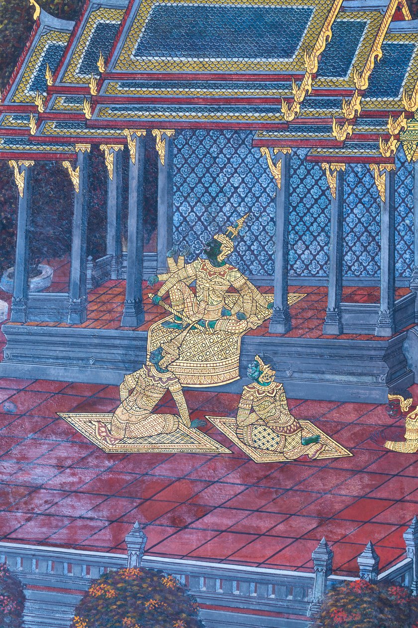 Nástěnná malba zobrazující scény z Rámájany ve Wat Phra Kaeo, královský velký palác, Bangkok, Thajsko od Thai School
