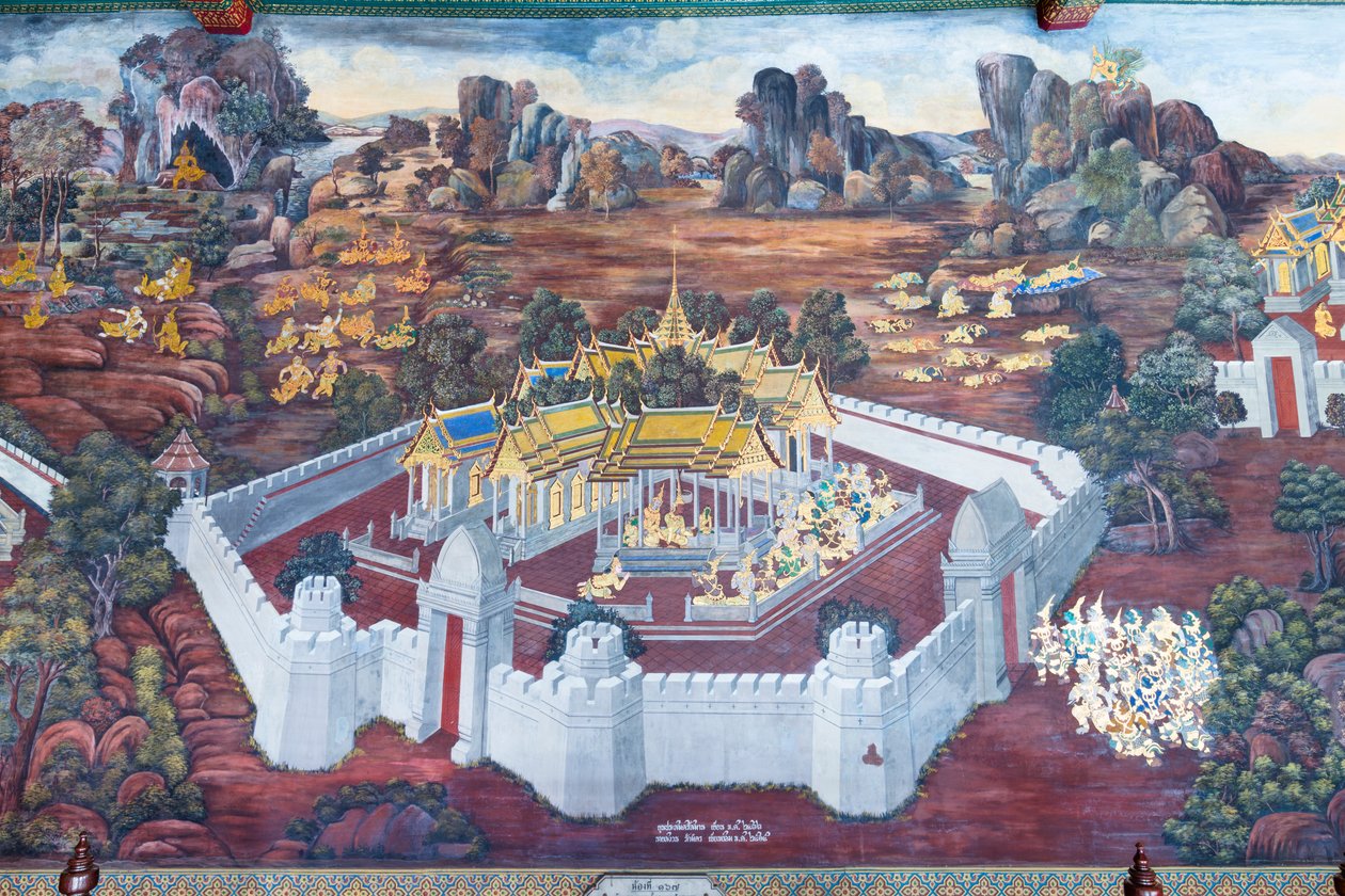 Nástěnná malba zobrazující scény z Rámájany ve Wat Phra Kaeo, královský velký palác, Bangkok, Thajsko od Thai School