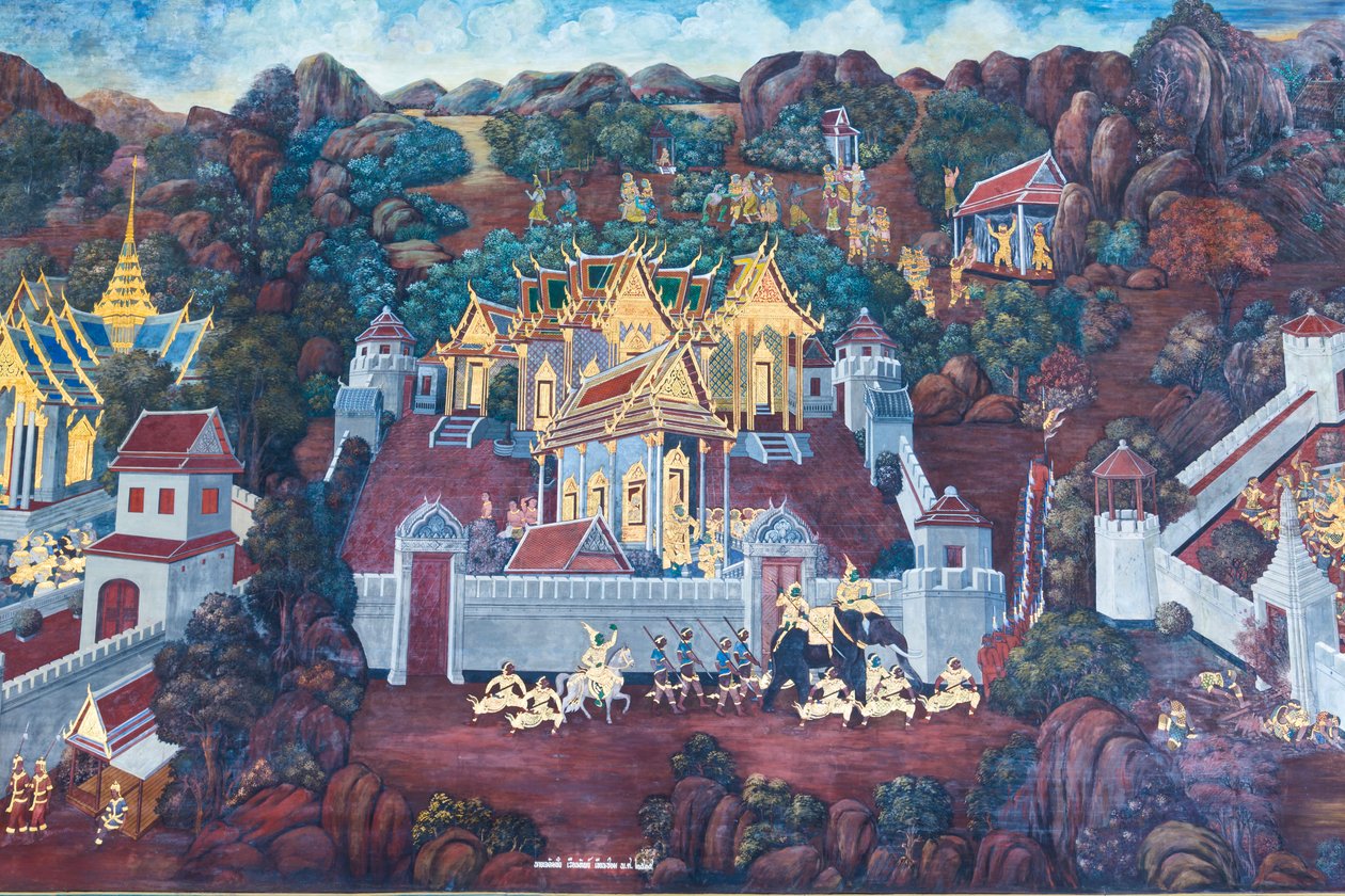 Nástěnná malba zobrazující scény z Rámájany ve Wat Phra Kaeo, královský velký palác, Bangkok, Thajsko od Thai School