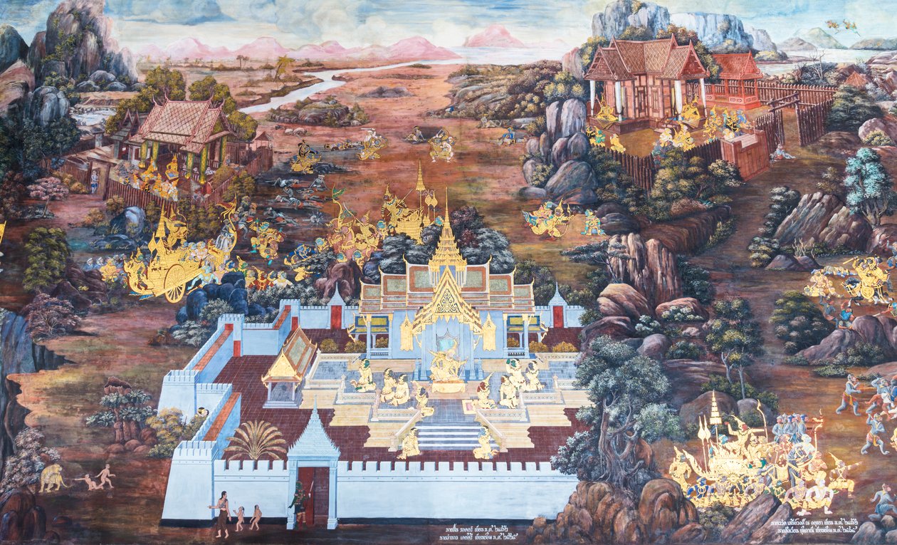 Nástěnná malba zobrazující scény z Rámájany ve Wat Phra Kaeo, královský velký palác, Bangkok, Thajsko od Thai School