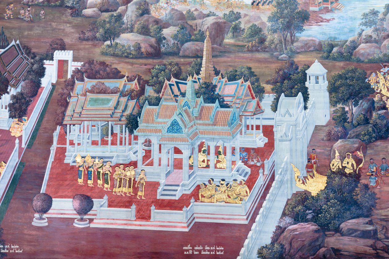 Seinämaalaus, joka kuvaa kohtauksia Ramayanasta Wat Phra Kaeossa, Kuninkaallisesta palatsista, Bangkokista, Thaimaasta od Thai School