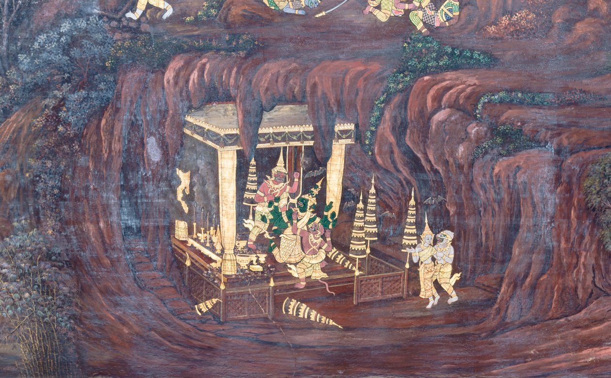 Nástěnná malba zobrazující scény z Rámájany ve Wat Phra Kaeo, královský velký palác, Bangkok, Thajsko od Thai School