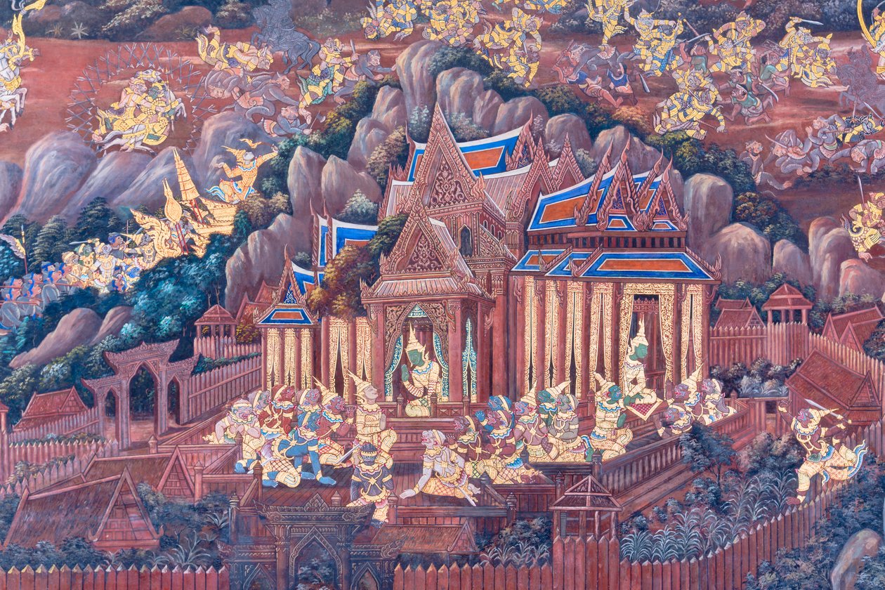 Nástěnná malba zobrazující scény z Rámájany ve Wat Phra Kaeo, královský velký palác, Bangkok, Thajsko od Thai School