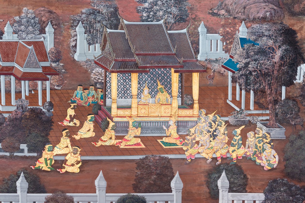 Nástěnná malba zobrazující scény z Rámájany ve Wat Phra Kaeo, královský velký palác, Bangkok, Thajsko od Thai School