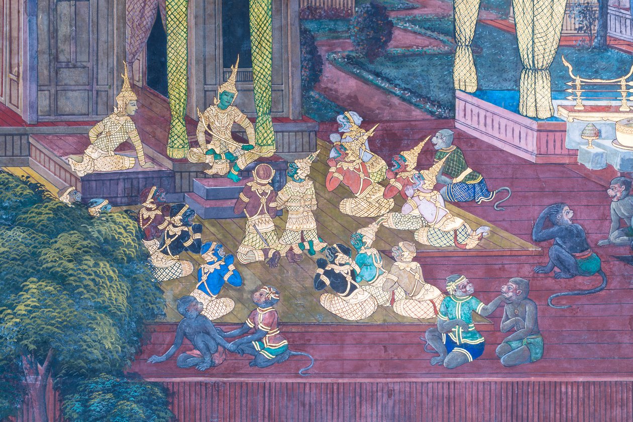 Nástěnná malba zobrazující scény z Rámájany ve Wat Phra Kaeo, královský velký palác, Bangkok, Thajsko od Thai School