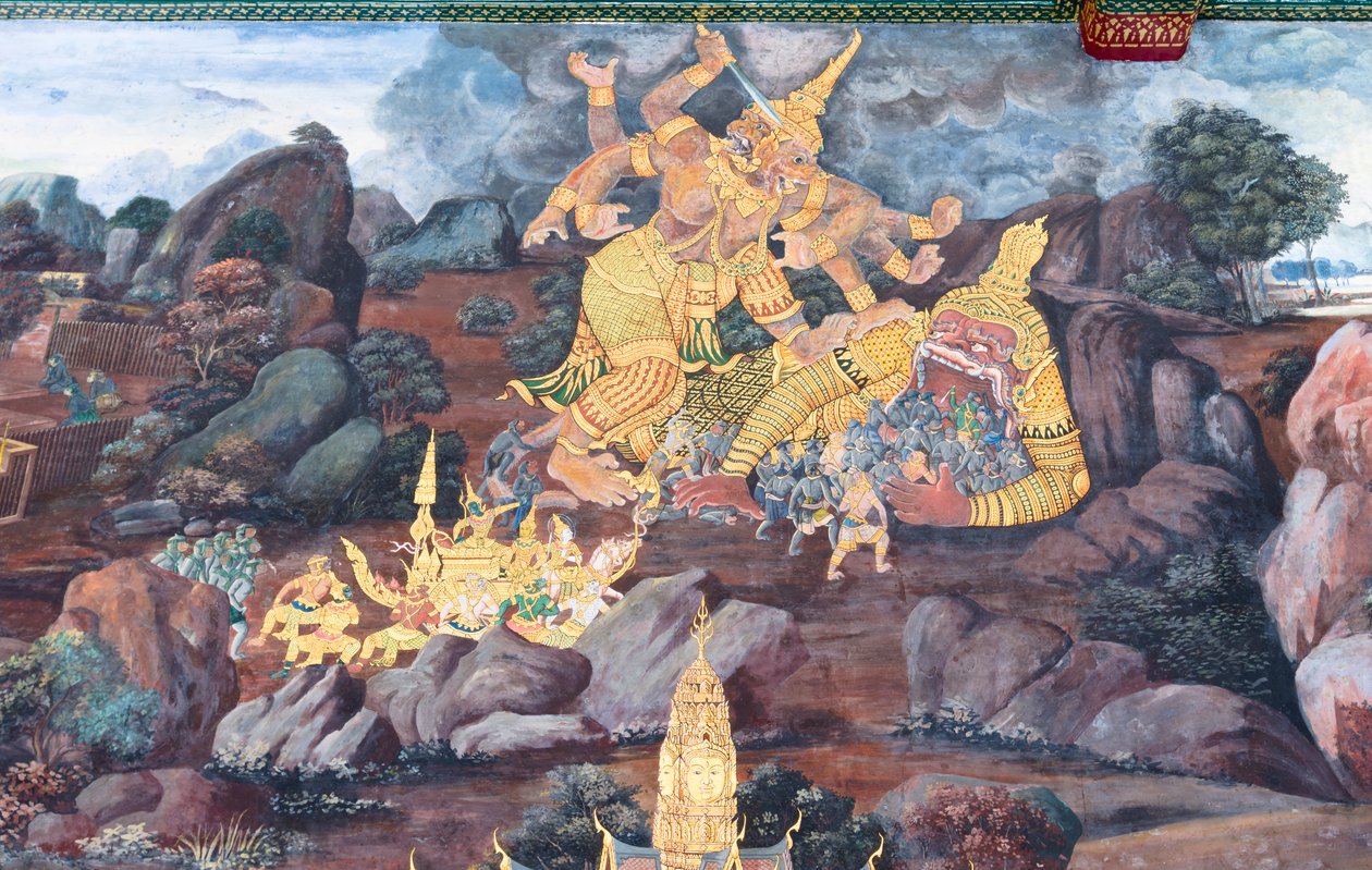 Nástěnná malba zobrazující scény z Rámájany ve Wat Phra Kaeo, královský velký palác, Bangkok, Thajsko od Thai School