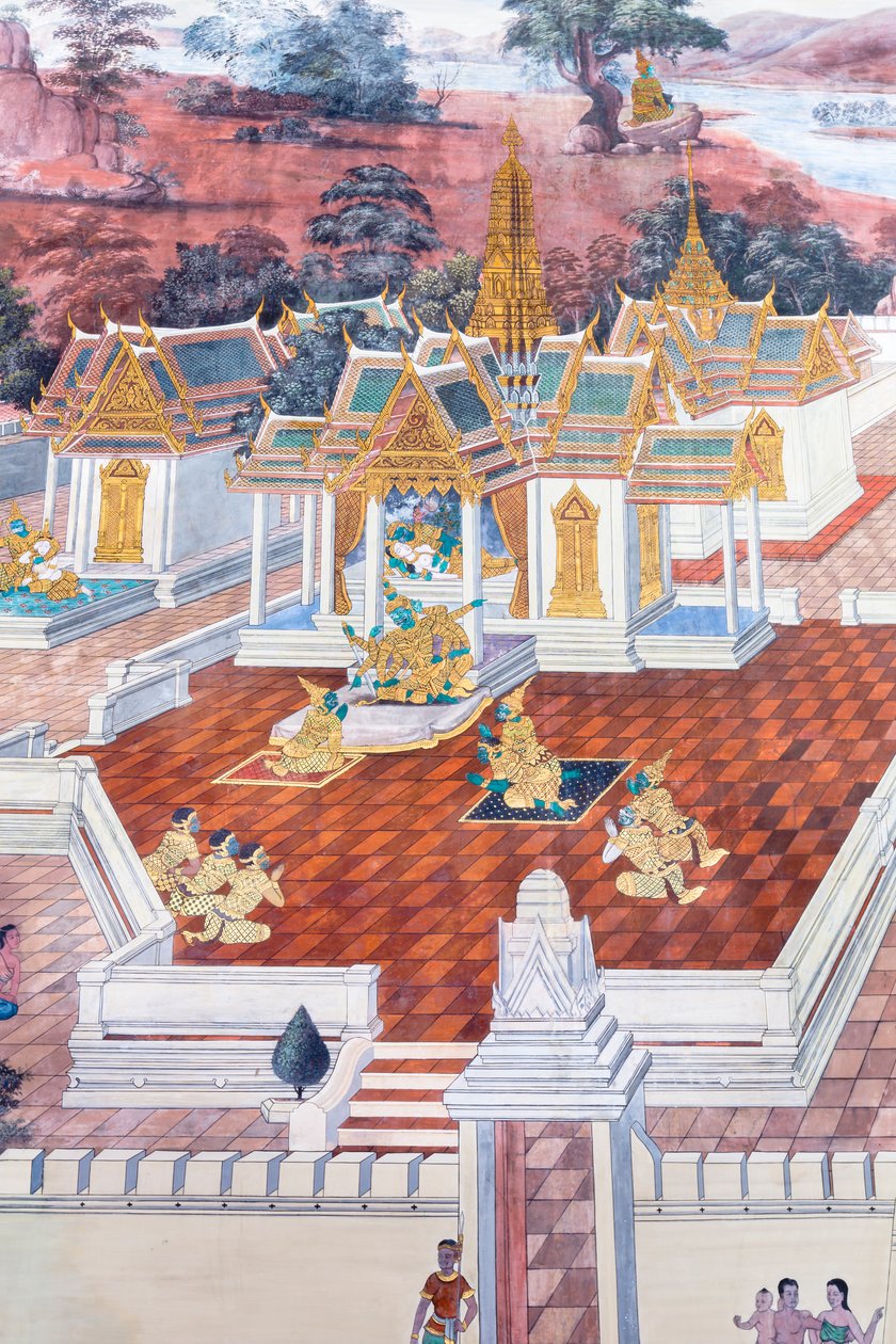 Nástěnná malba zobrazující scény z Rámájany ve Wat Phra Kaeo, královský velký palác, Bangkok, Thajsko od Thai School
