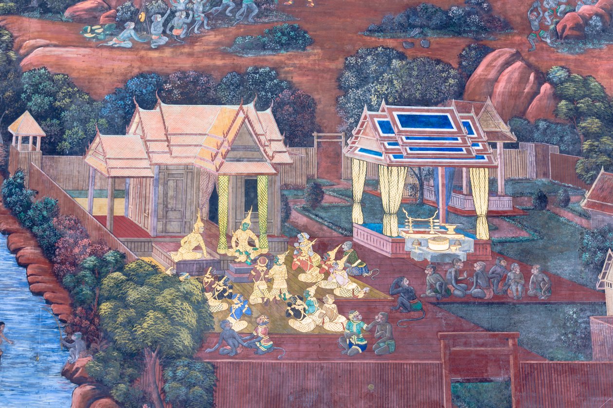 Seinämaalaus, joka kuvaa kohtauksia Ramayanasta Wat Phra Kaeossa, Kuninkaallisesta palatsista, Bangkokista, Thaimaasta od Thai School