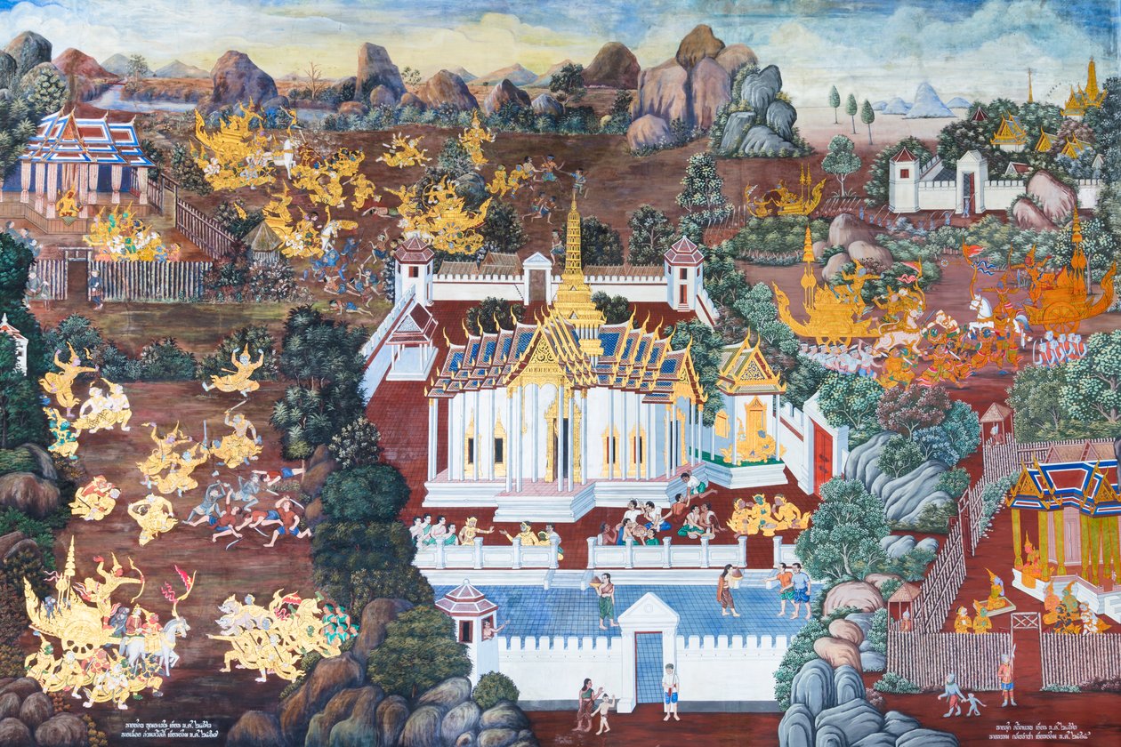 Nástěnná malba zobrazující scény z Rámájany ve Wat Phra Kaeo, královský velký palác, Bangkok, Thajsko od Thai School