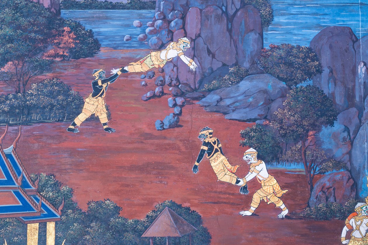 Nástěnná malba zobrazující scény z Rámájany ve Wat Phra Kaeo, královský velký palác, Bangkok, Thajsko od Thai School