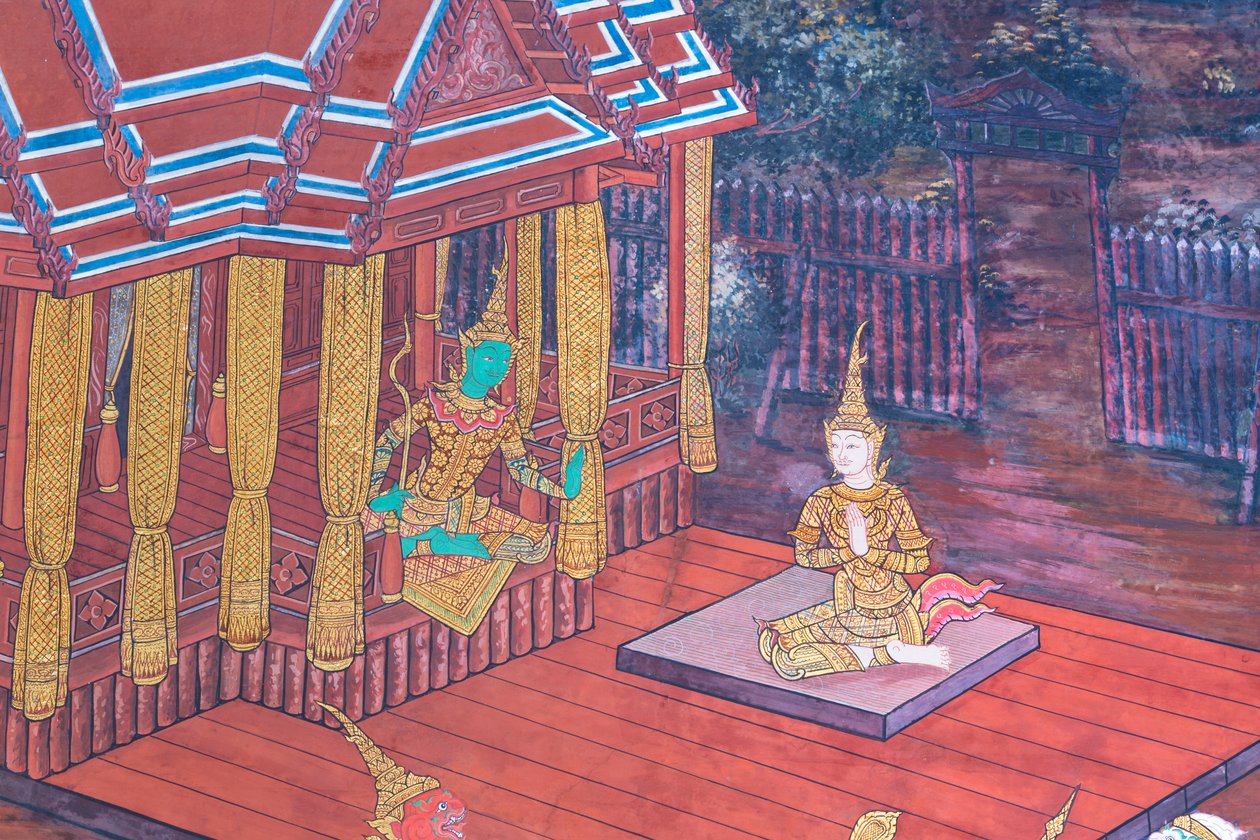 Nástěnná malba zobrazující scény z Rámájany ve Wat Phra Kaeo, královský velký palác, Bangkok, Thajsko od Thai School