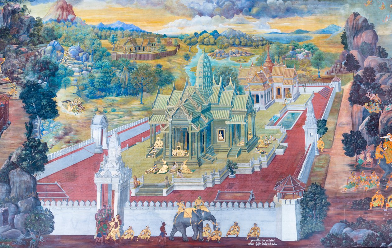 Nástěnná malba zobrazující scény z Rámájany ve Wat Phra Kaeo, královský velký palác, Bangkok, Thajsko od Thai School