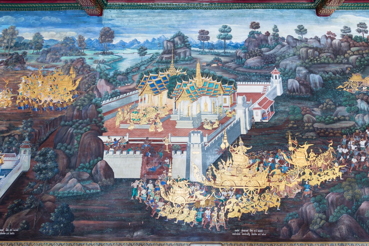 Nástěnná malba zobrazující scény z Rámájany ve Wat Phra Kaeo, královský velký palác, Bangkok, Thajsko od Thai School