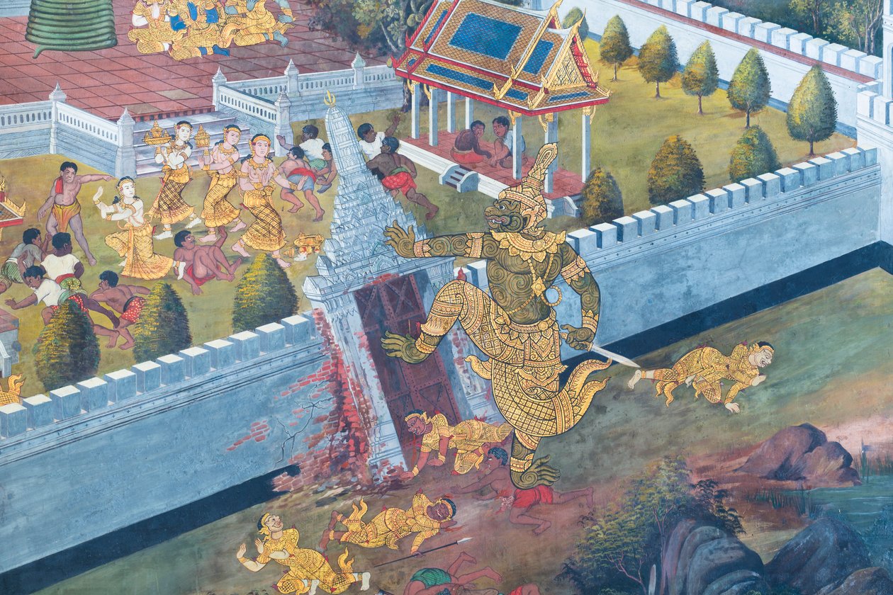 Nástěnná malba zobrazující scény z Rámájany ve Wat Phra Kaeo, královský velký palác, Bangkok, Thajsko od Thai School
