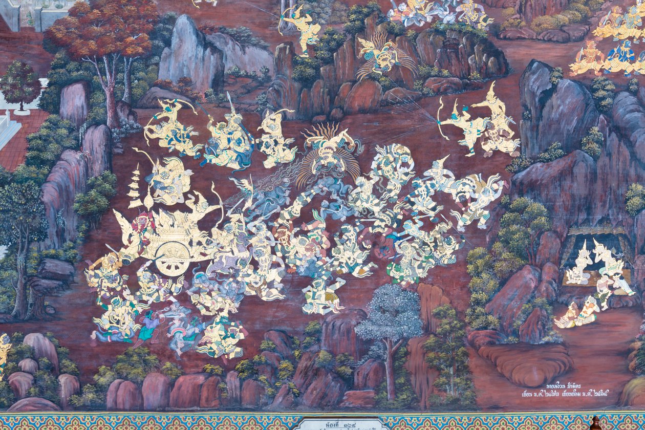 Seinämaalaus, joka kuvaa kohtauksia Ramayanasta Wat Phra Kaeossa, Kuninkaallisesta palatsista, Bangkokista, Thaimaasta od Thai School