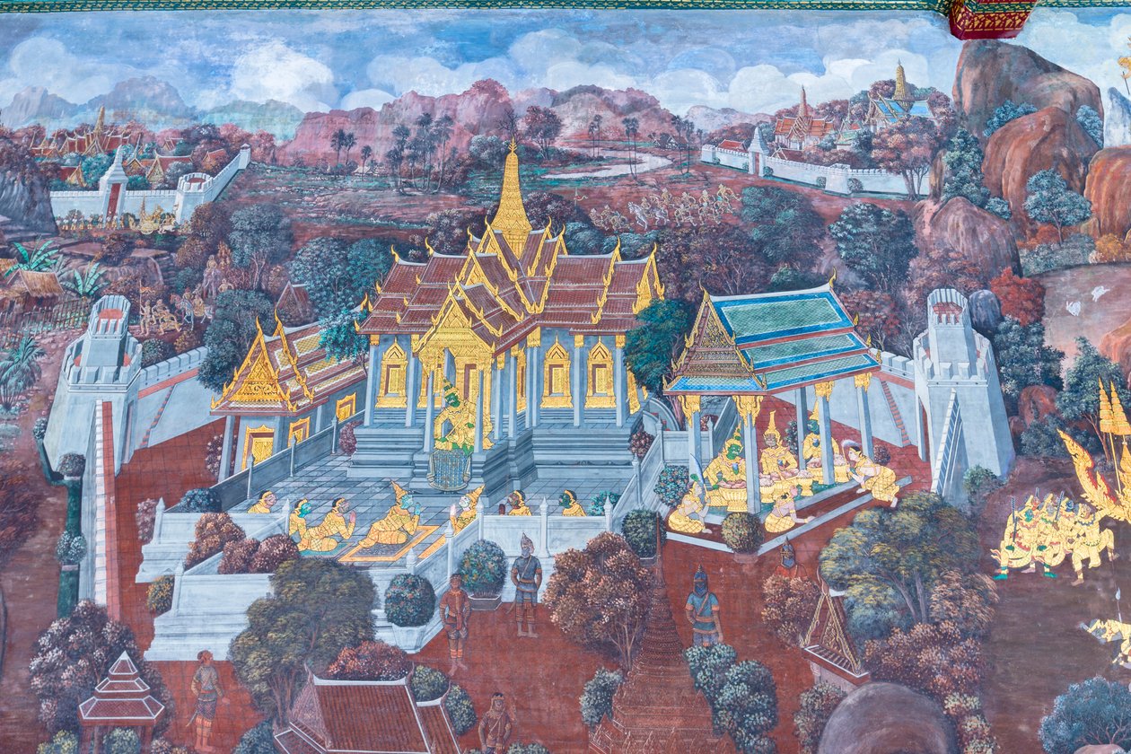 Nástěnná malba zobrazující scény z Rámájany ve Wat Phra Kaeo, královský velký palác, Bangkok, Thajsko od Thai School