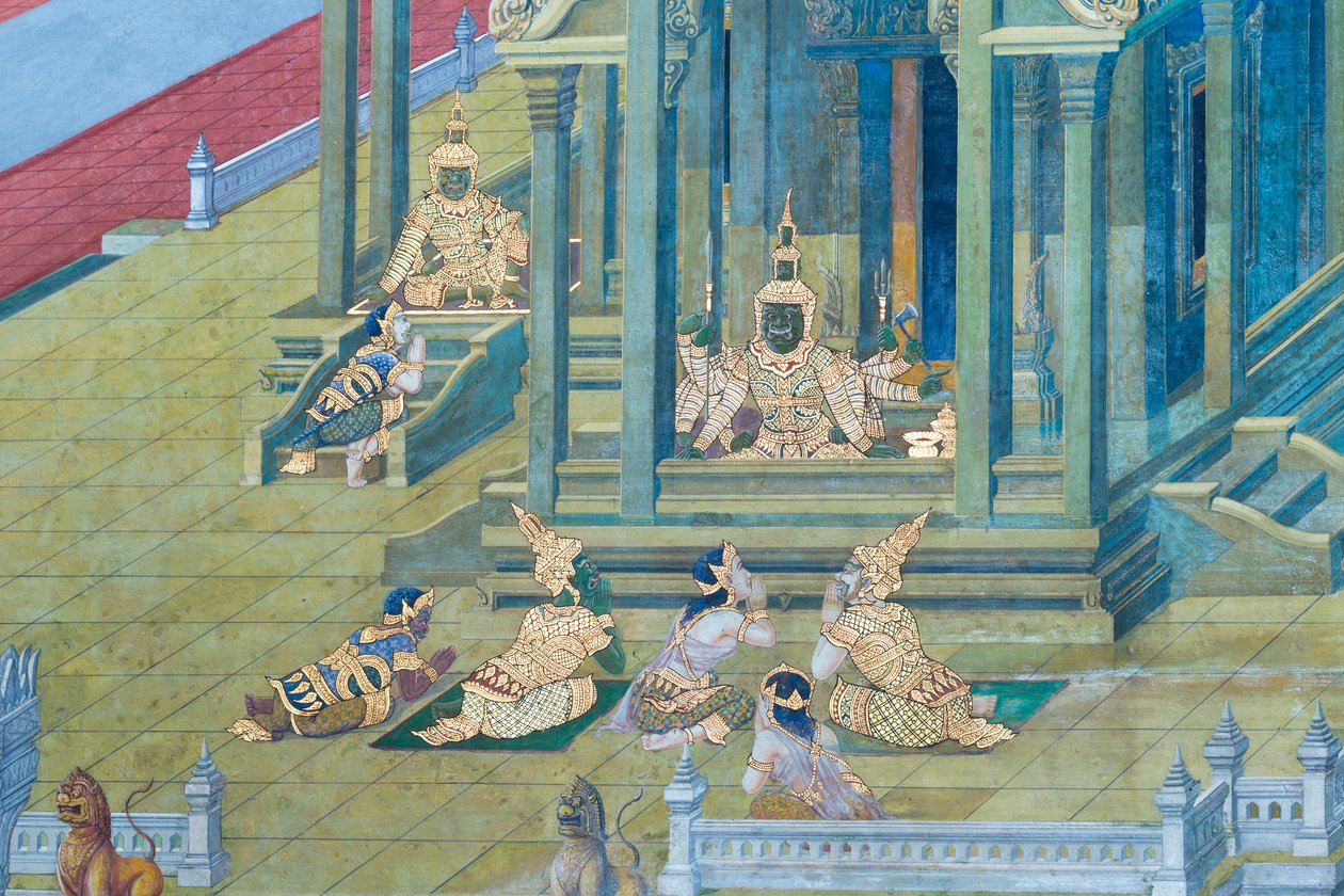 Nástěnná malba zobrazující scény z Rámájany ve Wat Phra Kaeo, královský velký palác, Bangkok, Thajsko od Thai School