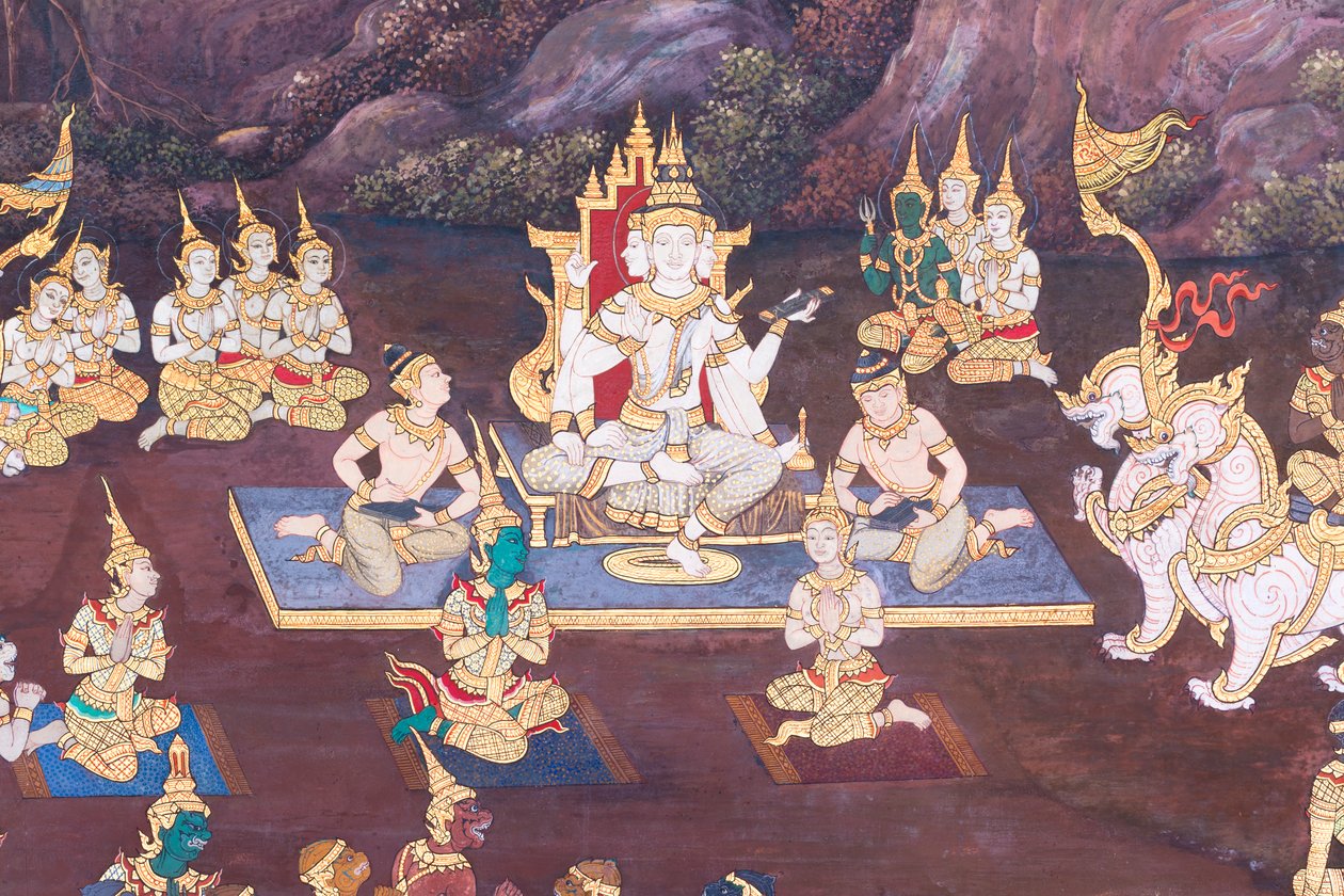 Nástěnná malba zobrazující scény z Rámájany ve Wat Phra Kaeo, královský velký palác, Bangkok, Thajsko od Thai School