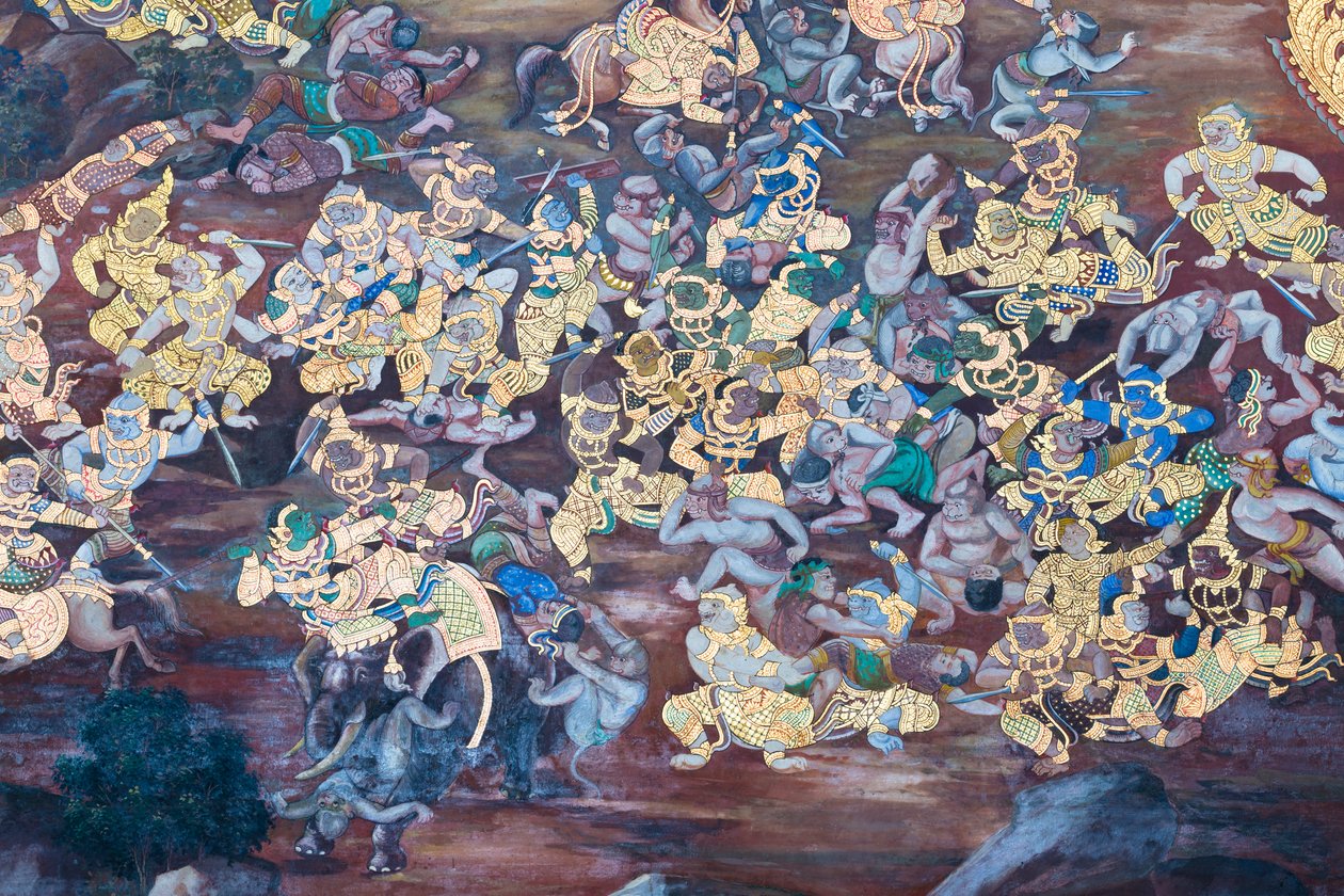 Nástěnná malba zobrazující scény z Rámájany ve Wat Phra Kaeo, královský velký palác, Bangkok, Thajsko od Thai School