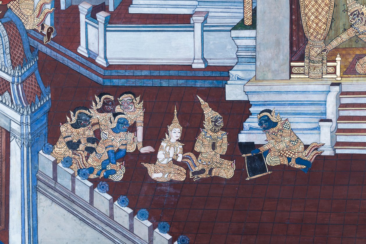 Nástěnná malba zobrazující scény z Rámájany ve Wat Phra Kaeo, královský velký palác, Bangkok, Thajsko od Thai School