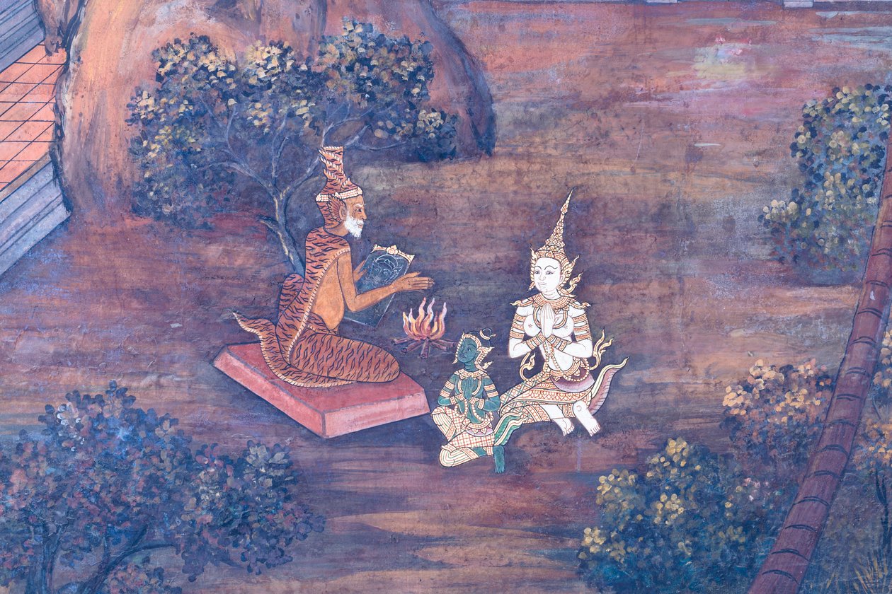 Nástěnná malba zobrazující scény z Rámájany ve Wat Phra Kaeo, královský velký palác, Bangkok, Thajsko od Thai School