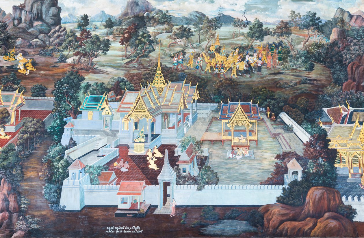 Nástěnná malba zobrazující scény z Rámájany ve Wat Phra Kaeo, královský velký palác, Bangkok, Thajsko od Thai School