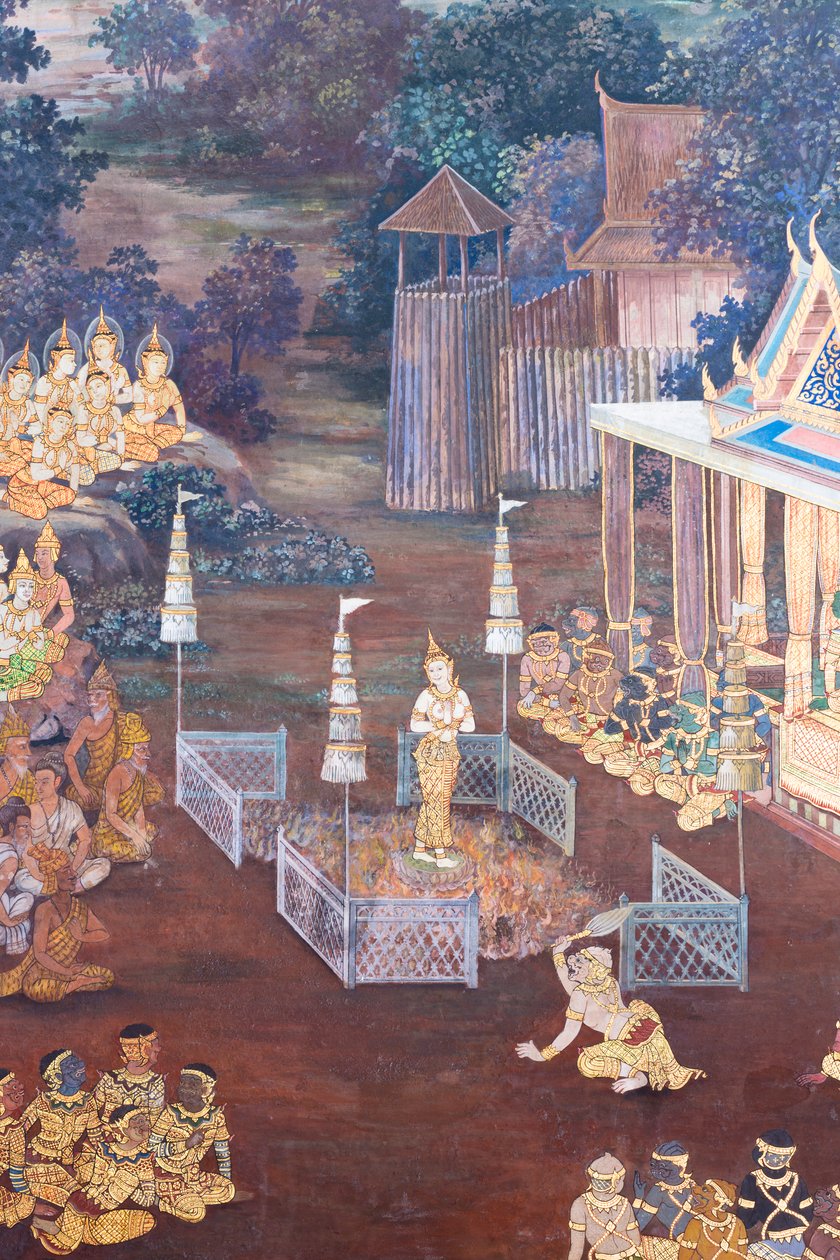 Nástěnná malba zobrazující scény z Rámájany ve Wat Phra Kaeo, královský velký palác, Bangkok, Thajsko od Thai School
