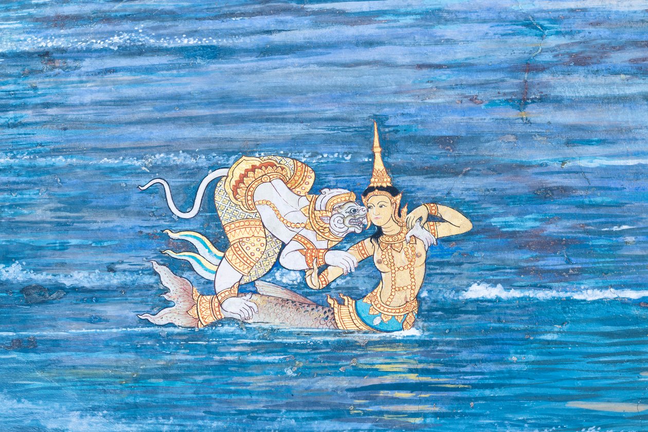 Nástěnná malba zobrazující scény z Rámájany ve Wat Phra Kaeo, královský velký palác, Bangkok, Thajsko od Thai School