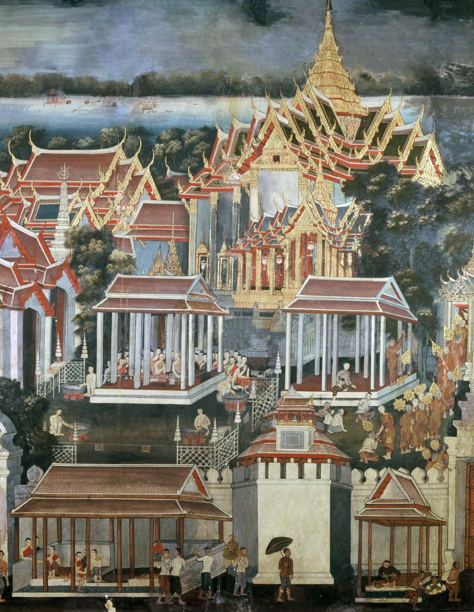 Obětiny mnichům v chrámu Smaragdového Buddhy, 1864 (nástěnná malba) od Thai School