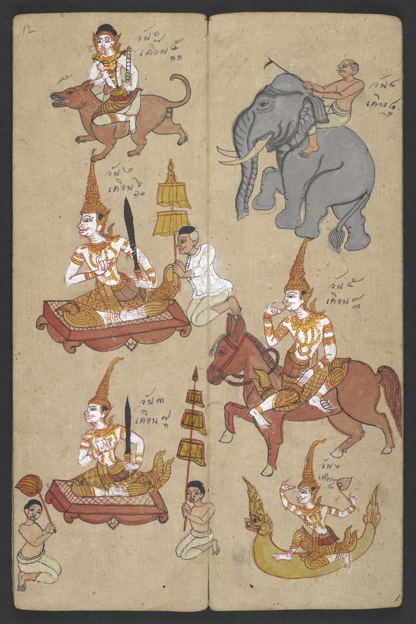 Nebo 16455 f.12r, Zvířata ze zvěrokruhu, z Phrommachatu (pergamen) od Thai School