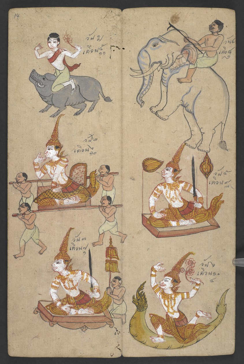 Nebo 16455 f.14r, Zvířata ze zvěrokruhu, z Phrommachatu (pergamen) od Thai School