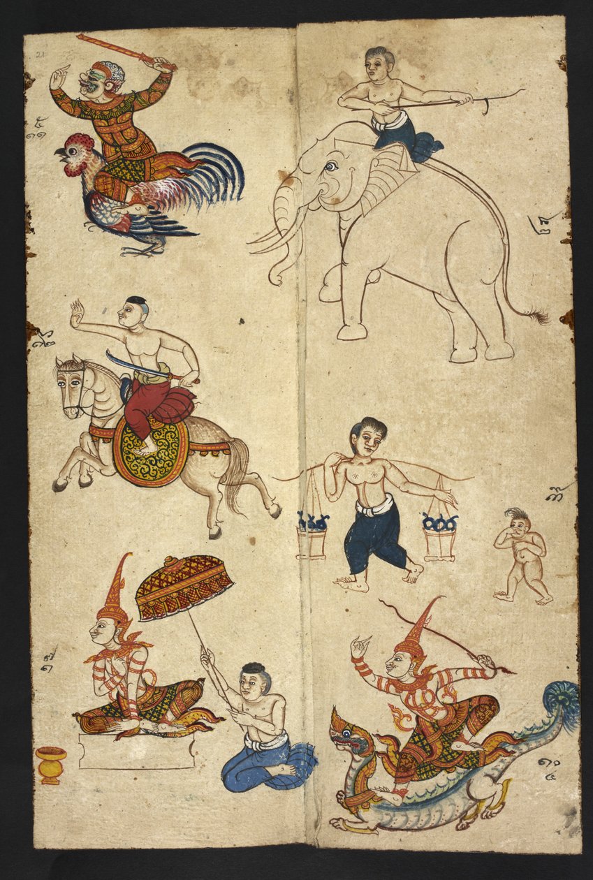 Nebo 4830 f.21 The Year of the Rooster, z „Thajské věštecké příručky (Phrommachat), obsahující horoskopy založené na čínském zvěrokruhu“ (inkoust a barva na papíře) od Thai School