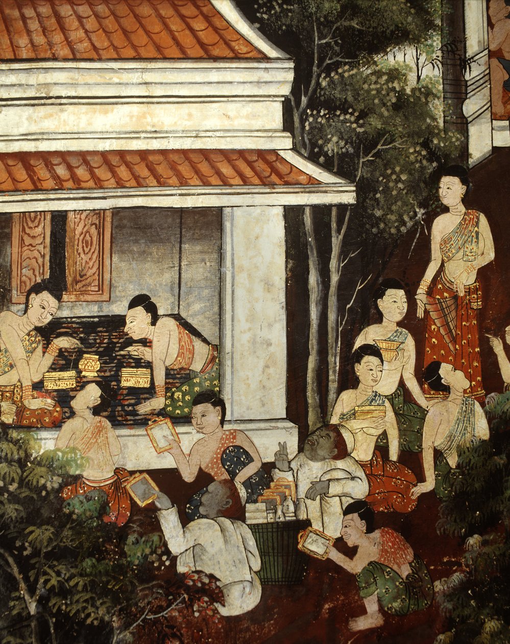 Palácové dámy nakupující šperky a zrcadla od muslimských obchodníků, styl Rattanakosin (nástěnná malba) od Thai School