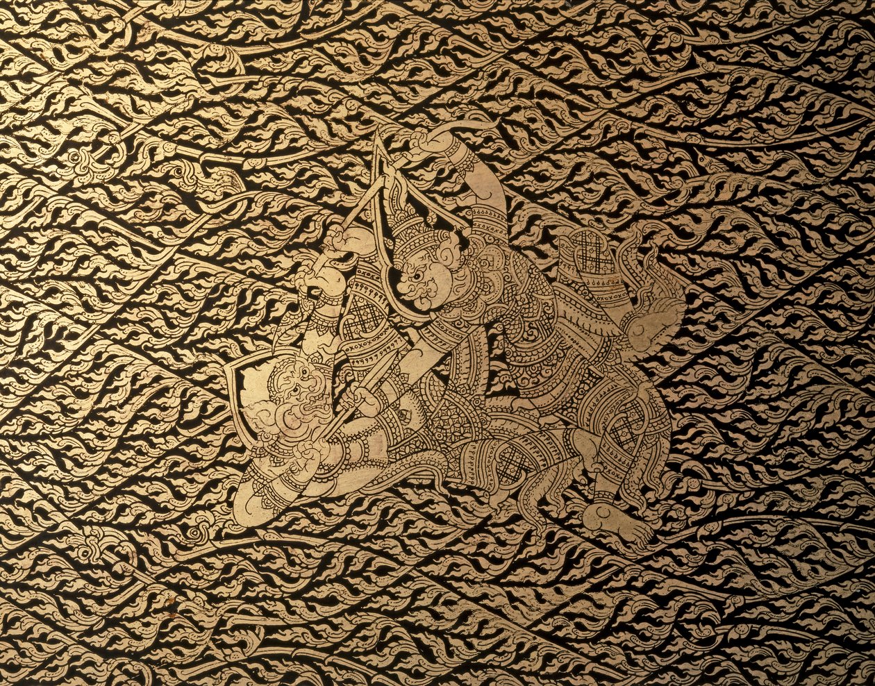 THAI ART: Epizoda z "Rámájany" s výzdobou Kra Nak. Knižní vitrína, Bangkok St... od Thai School