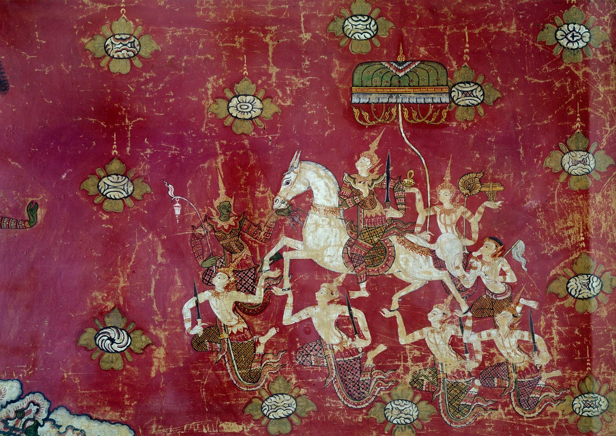 Buddhismus: “” scéna života Buddhy: Grand Depart”” Detail malby na plátně z Thajska. Ne 1,4x0,9 m Paříž, Musee Guimet, Musee national des Arts Asians od Thai Thai