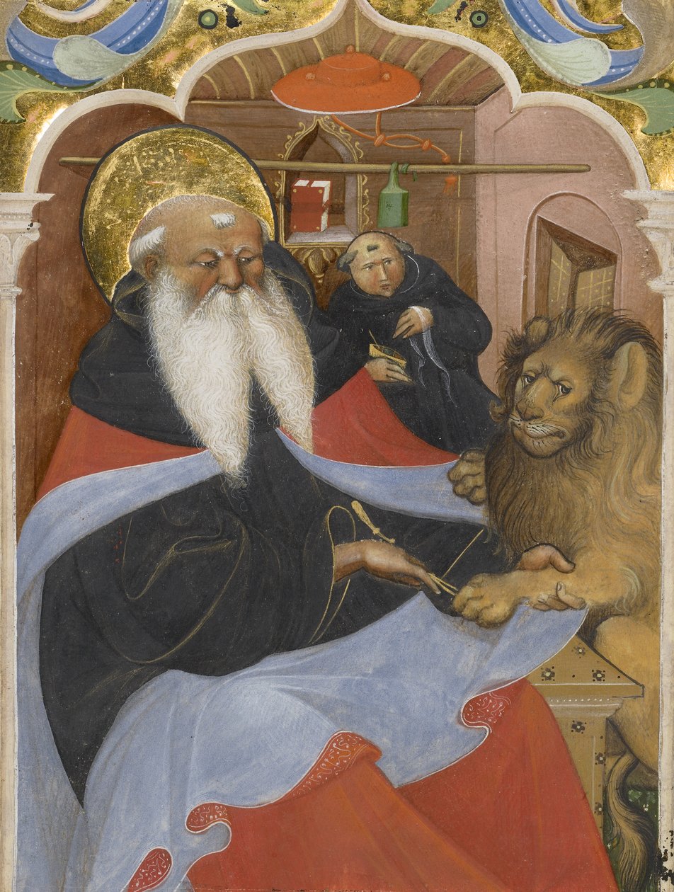 Svatý Jeroným vytahující trn ze lví tlapy Ms 106, 1425-50 (tempera a zlatý list na pergamenu) od The Master of the Murano Gradual