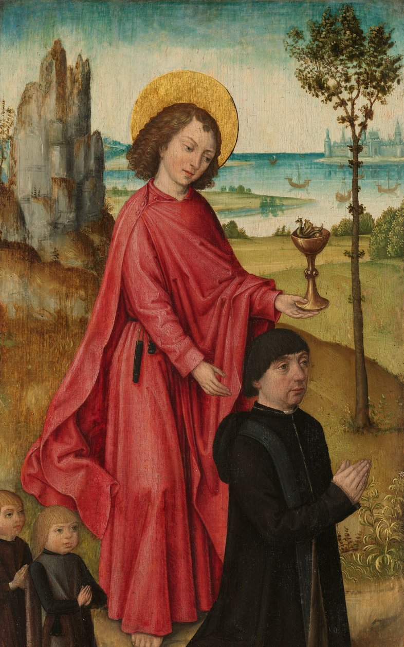 Dárce a jeho dva synové se svatým Janem Evangelistou, vnitřní levé křídlo triptychu od The (Bruges) Master of the Legend of Saint Ursula (workshop of)