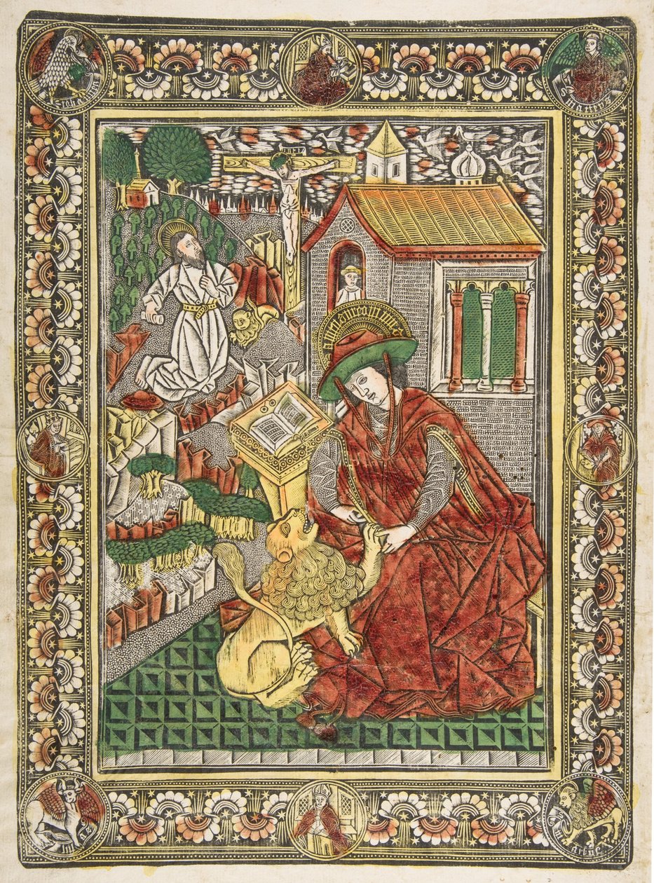 Svatý Jeroným v pokání a jako učenec Odstranění trnu ze lví tlapy Sch...., ca. 1470-85. od The Master of the Mountainlike Clouds