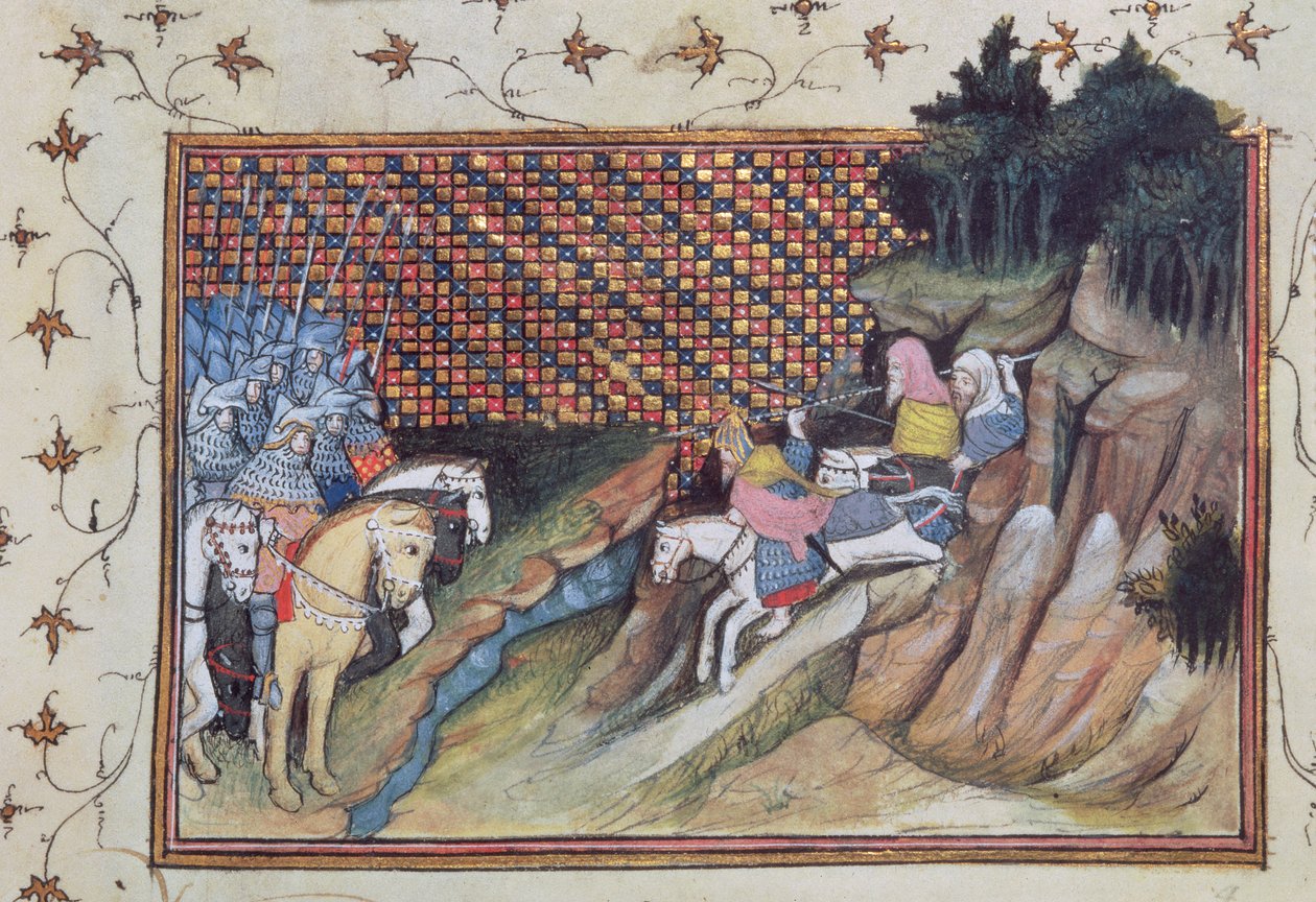 Harl 1319 f.9 MacNamara, irský náčelník se přichází poradit s hrabětem z Gloucesteru z „Histoire du Roy d
