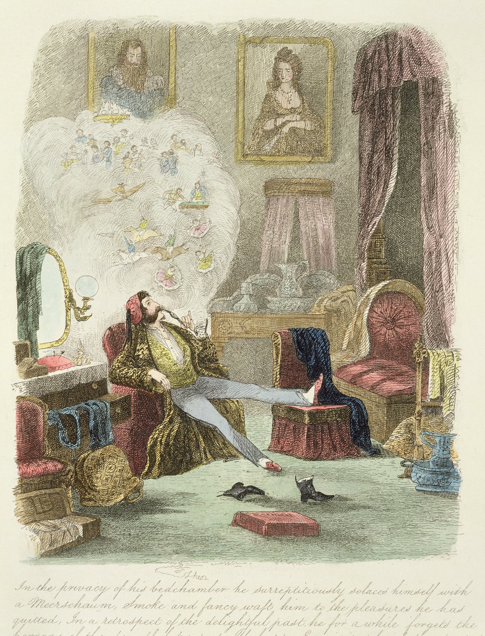 Ilustrace z „Návštěvy londýnského znamenitého u jeho panenských tet na venkově“, vydaného v roce 1859 (viz také 193200, 203629, 203631) od Theo