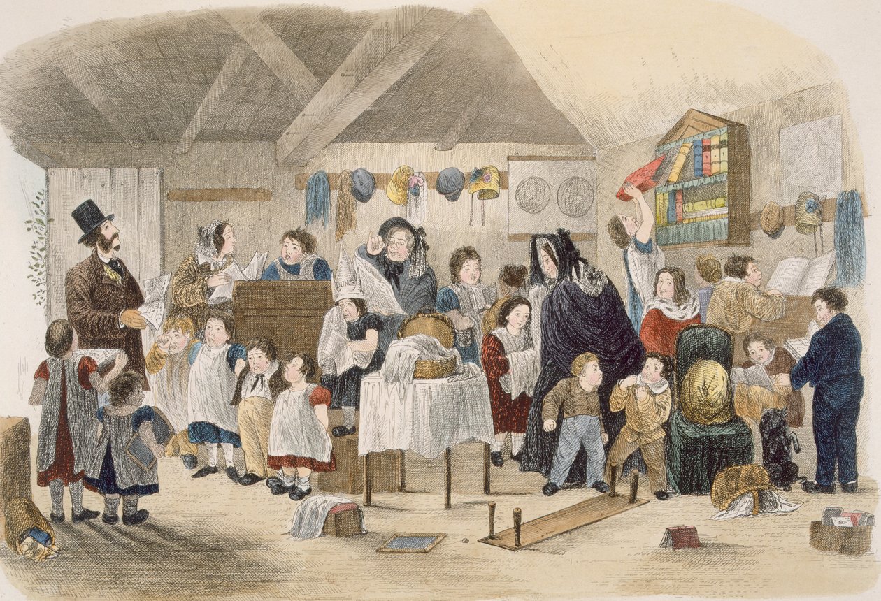 Návštěva vesnické školy, ilustrace z Návštěvy londýnského znamenitého u jeho panenských tet na venkově, hospoda. W. Kent, Londýn, 1859 od Theo