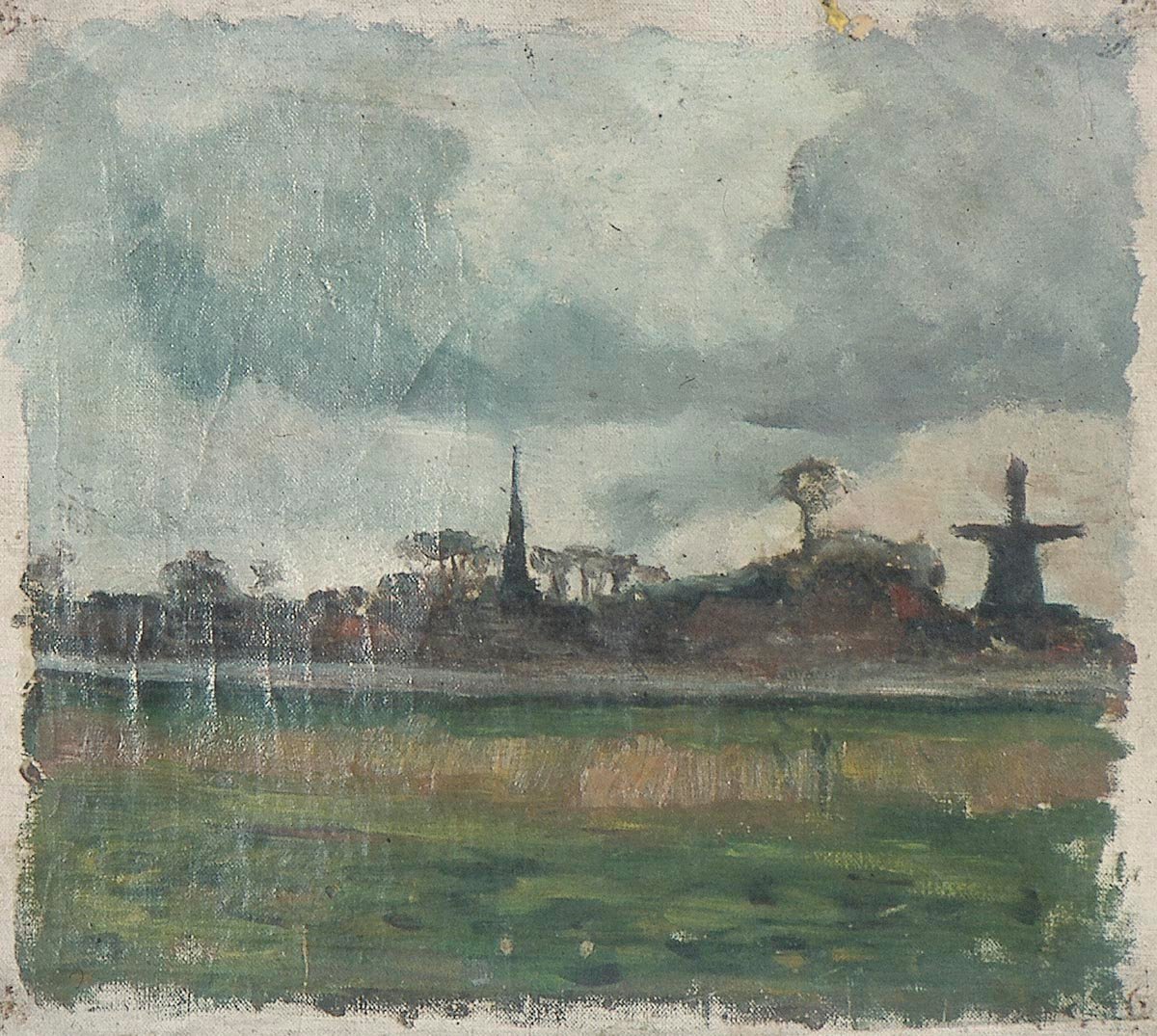 Krajina s větrným mlýnem a kostelem od Theo van Doesburg