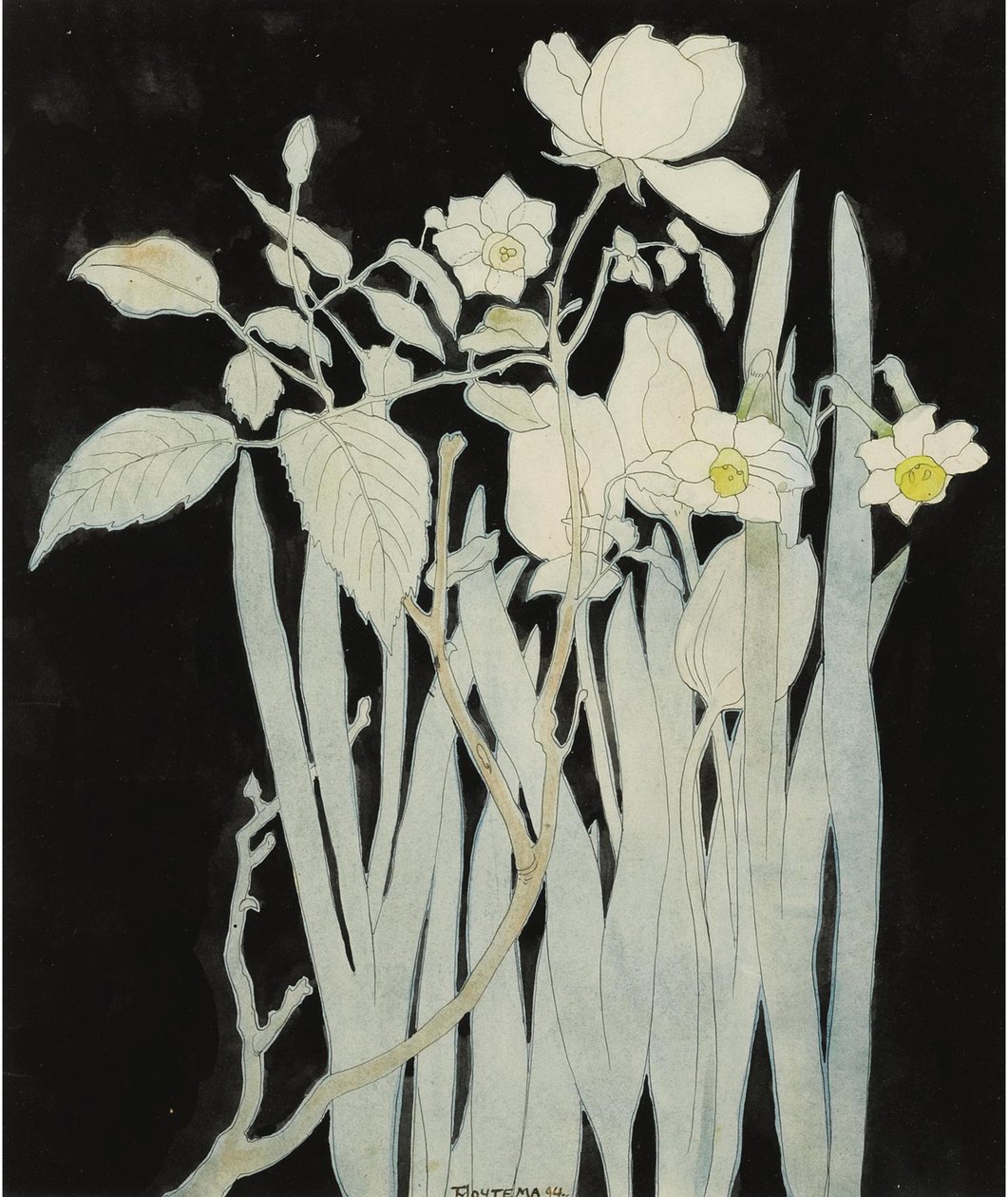 Narcisy a růže par Hoytema, Theo van (1863-1917). Akvarel a tuš na papíře, rozměr : 27,5x23 od Theo van Hoytema