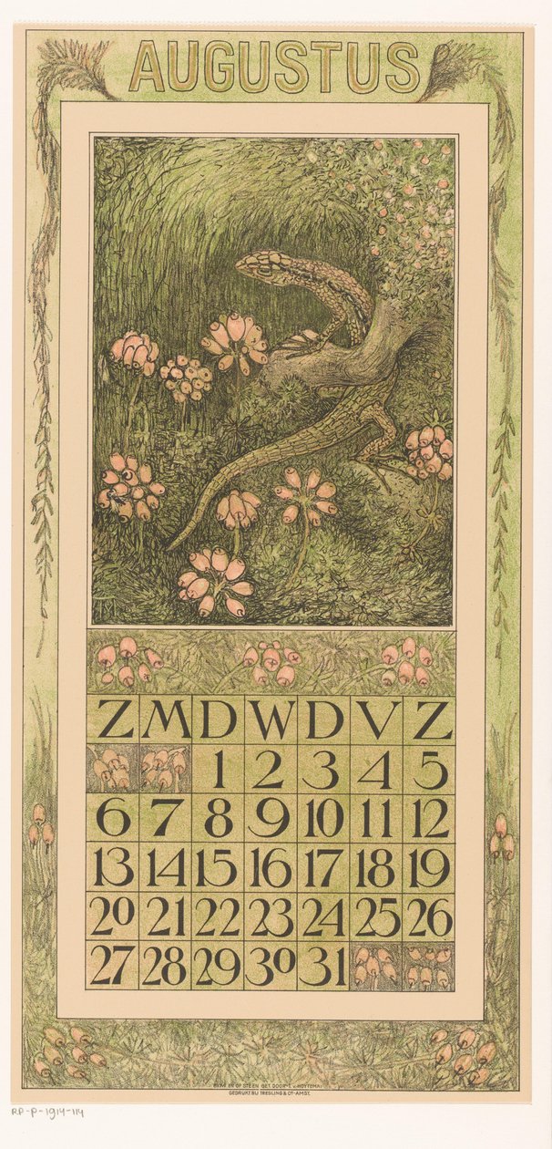 Srpnová stránka kalendáře s ještěrkou a vřesem Kalendář 1911 12 litografií Th. proti. Hoytema (název série) od Theo van Hoytema
