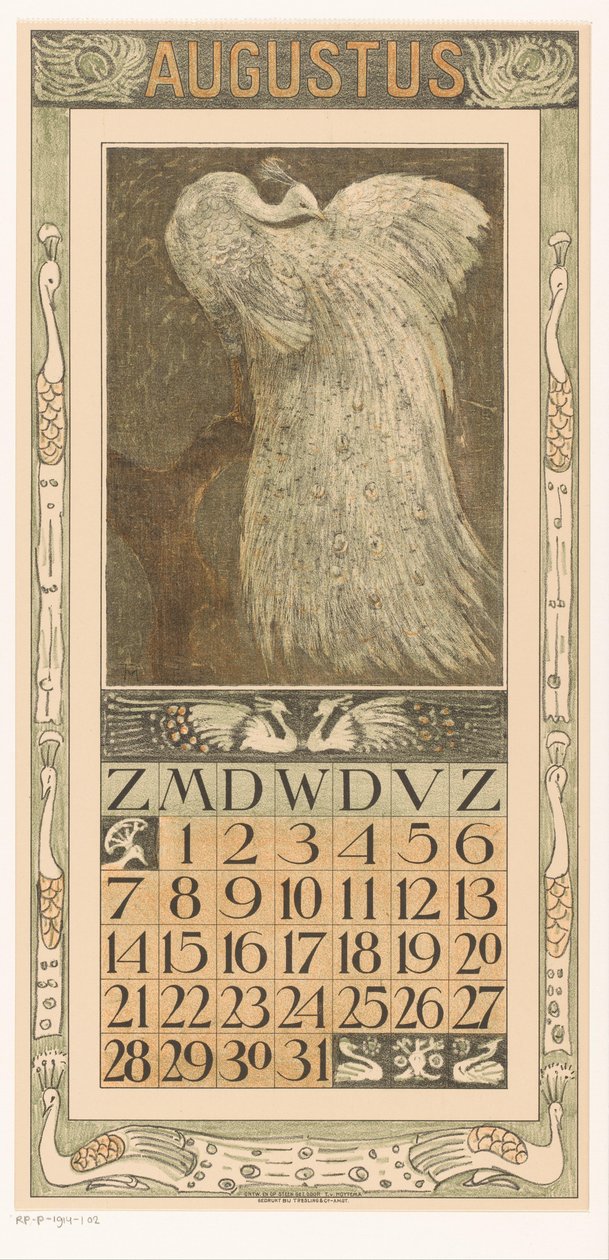 Stránka kalendáře srpna s bílým pávem Kalendář 1910 12 litografií Th. proti. Hoytema (název série) od Theo van Hoytema